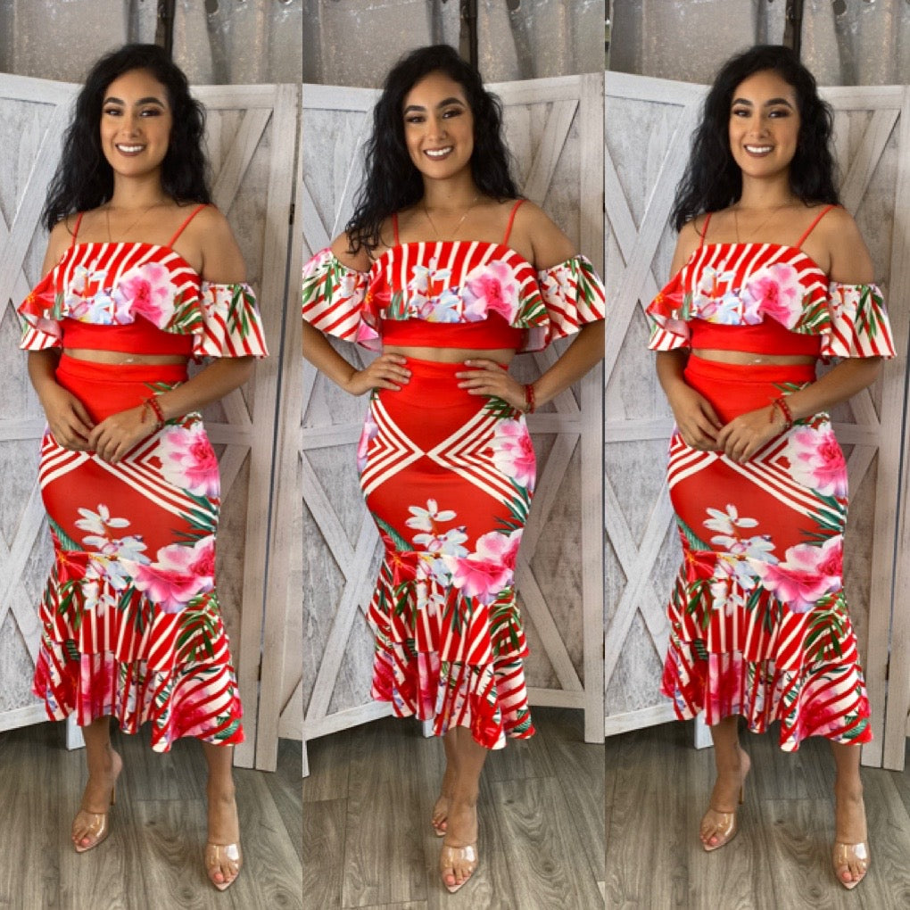 Floral Bliss Skirt Set (Red)
