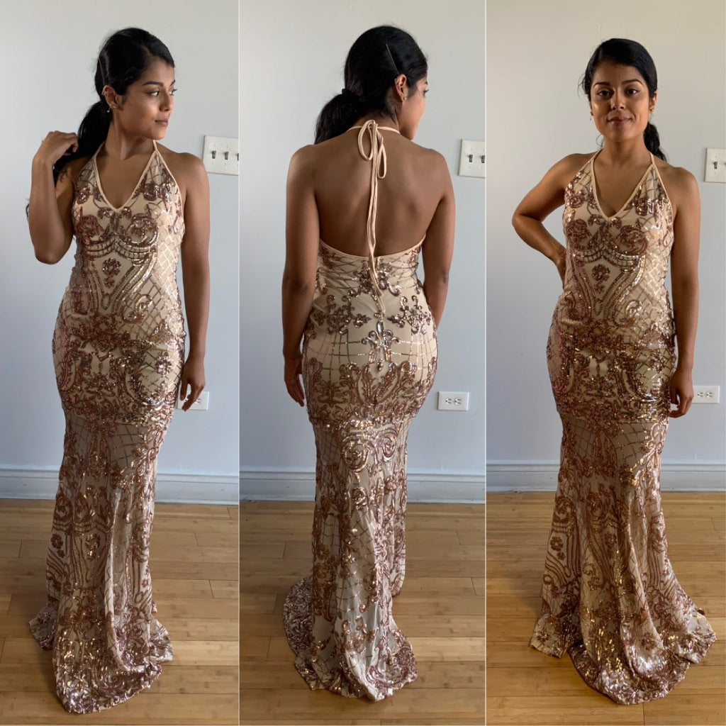 Victoria Sequin Formal Gown - Nude Rose Gold