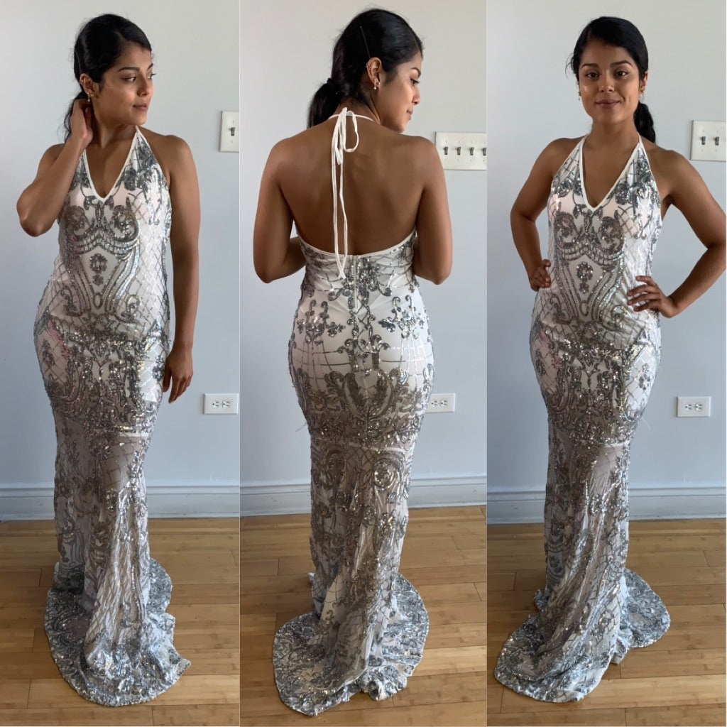 Victoria Sequin Formal Gown - White Silver